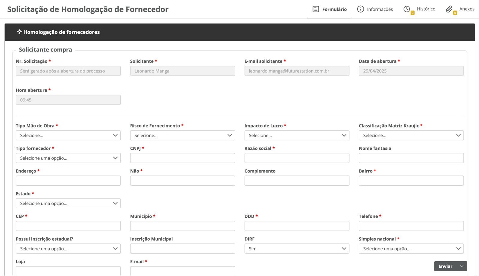 Formulário de homologação no Fluig com classificação, anexos e parecer do responsável