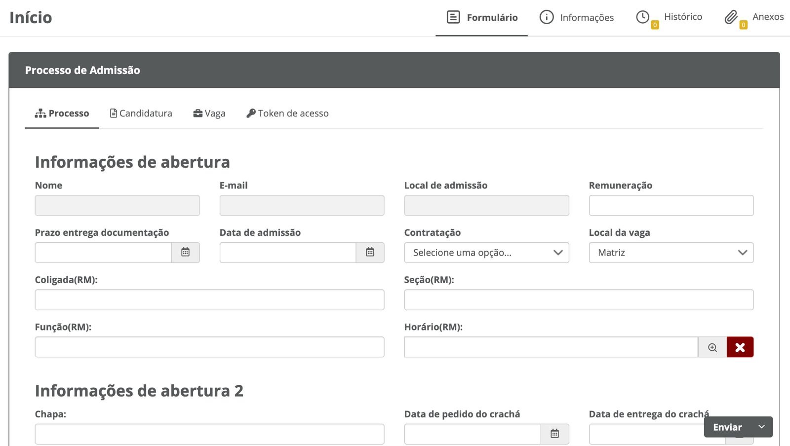 Portal de admissão no Fluig com dados do candidato e upload de documentos