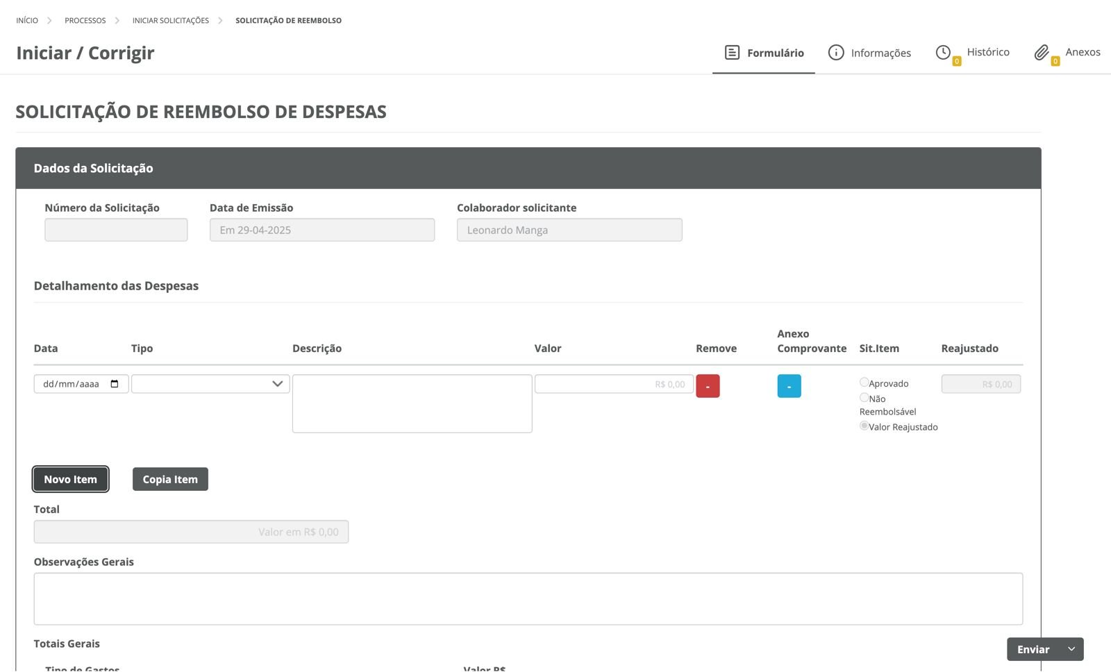 Formulário de solicitação de reembolso de despesas no Fluig, com grid de itens e anexos