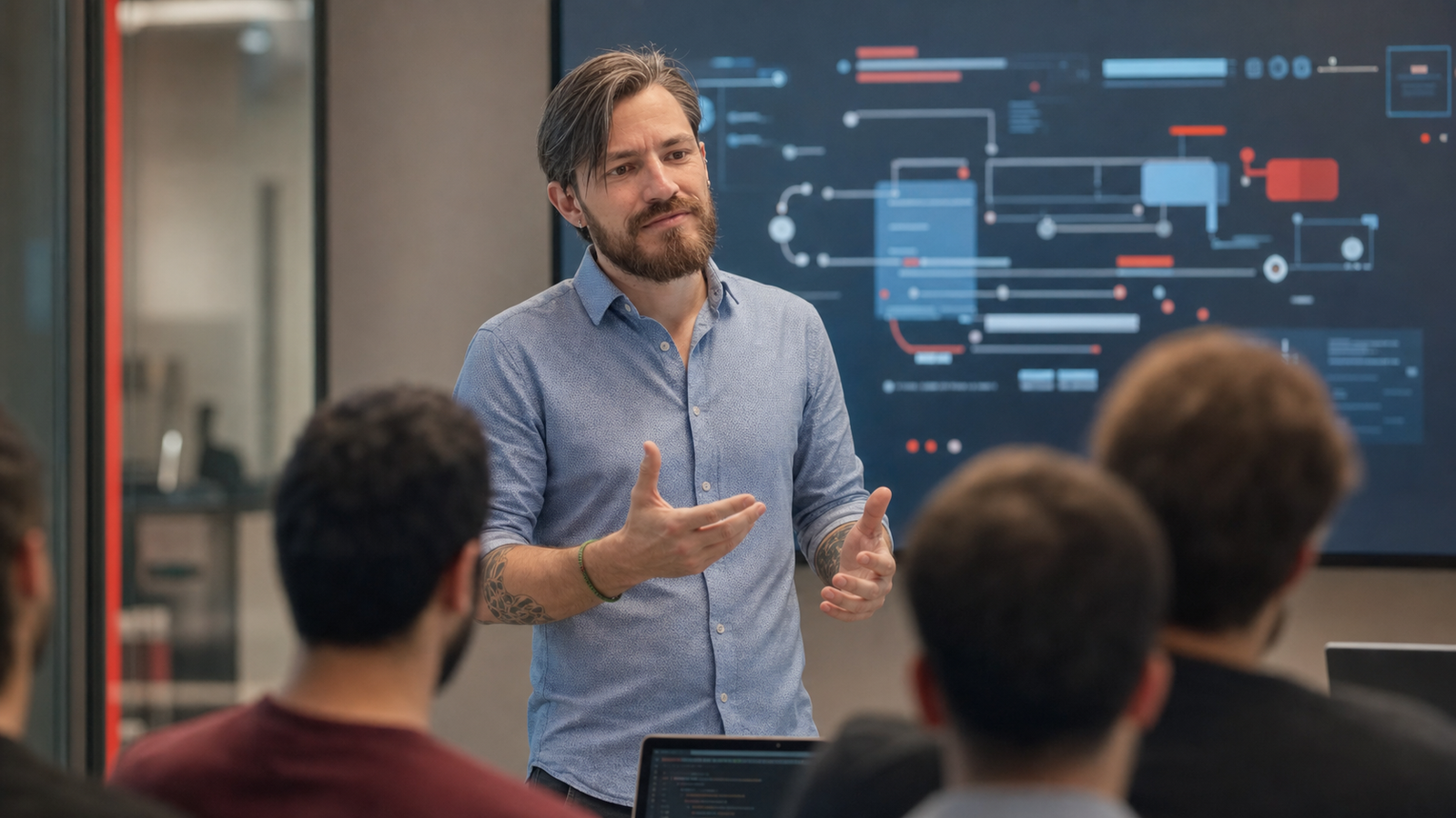 Igor Rodrigues conduzindo treinamento técnico diante de um diagrama de processo do Fluig
