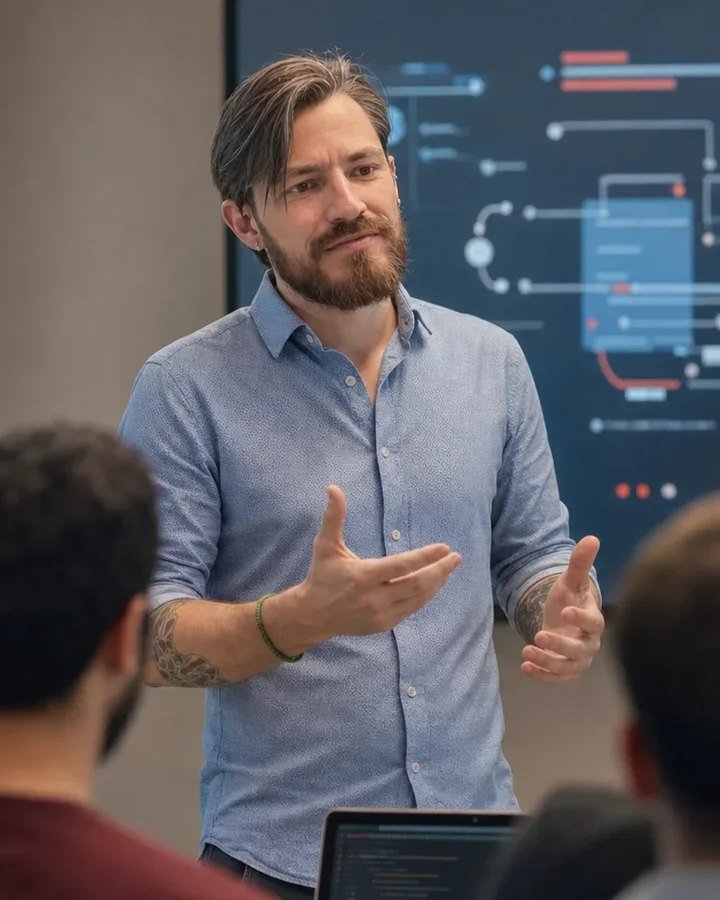 Igor Rodrigues, Tech Lead da Future Station, conduzindo um workshop de Fluig