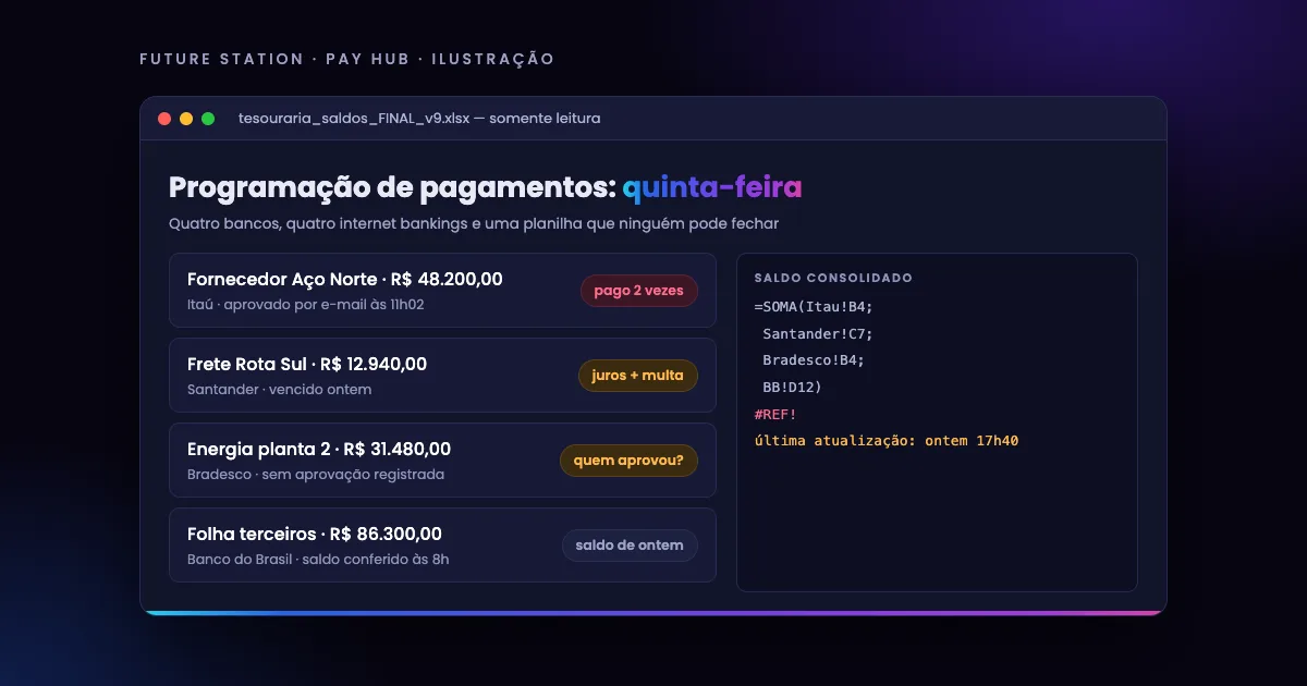 Ilustração de planilha de tesouraria com pagamento duplicado e saldo desatualizado